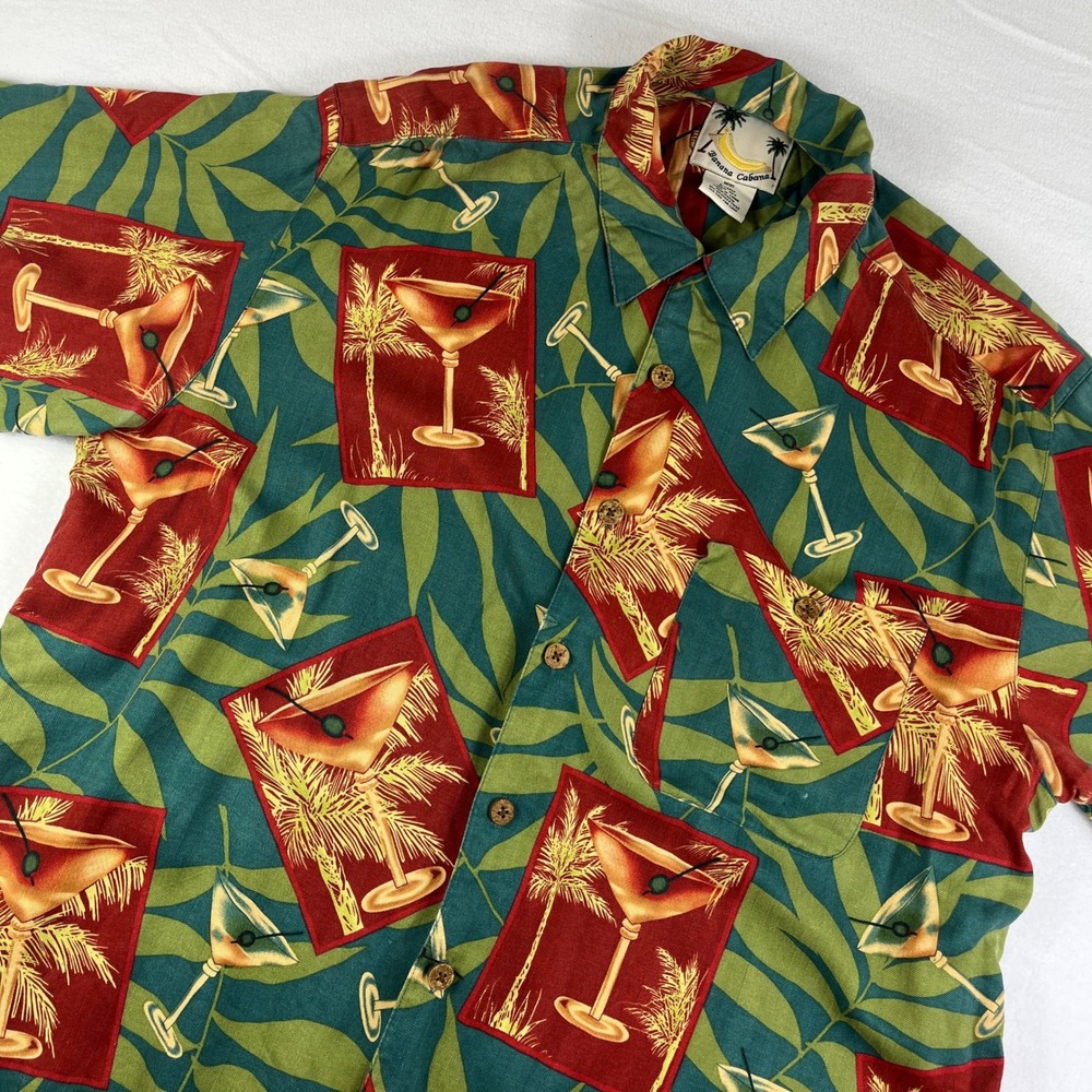 Banana Cabana Mens Large Silk Hawaiian Shirt Cocktail Martini Palm Tree Vacation
